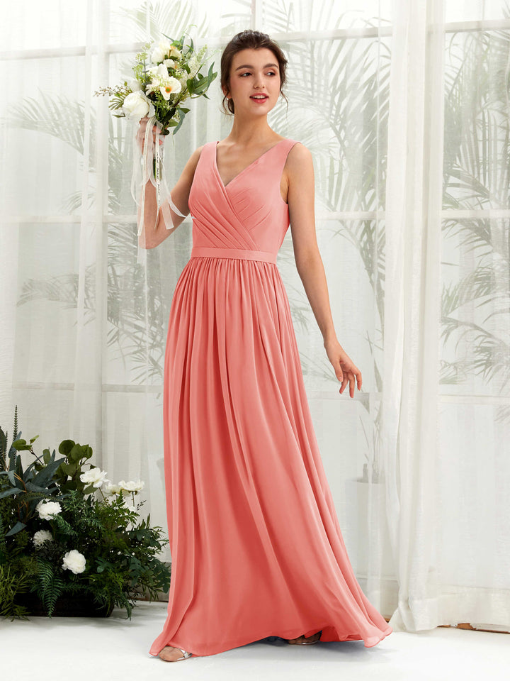 Carlyna Vestido línea A escote en V hasta el suelo fruncido dama de honor Rosa Melocotón 