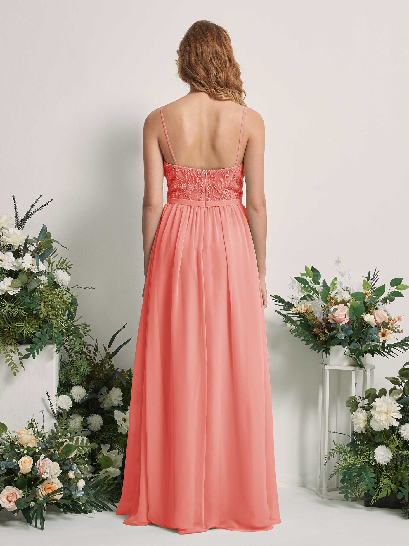 Carlyna Vestido Línea A Escote en V Hasta el suelo Fruncido Dama de honor Rosa Melocotón #color_rosa-melocot-n