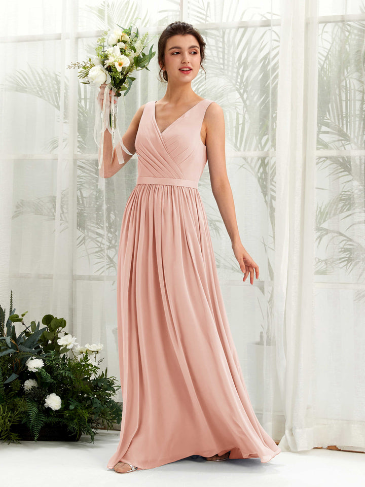 Carlyna Vestido línea A escote en V hasta el suelo fruncido dama de honor Rosa Perla 