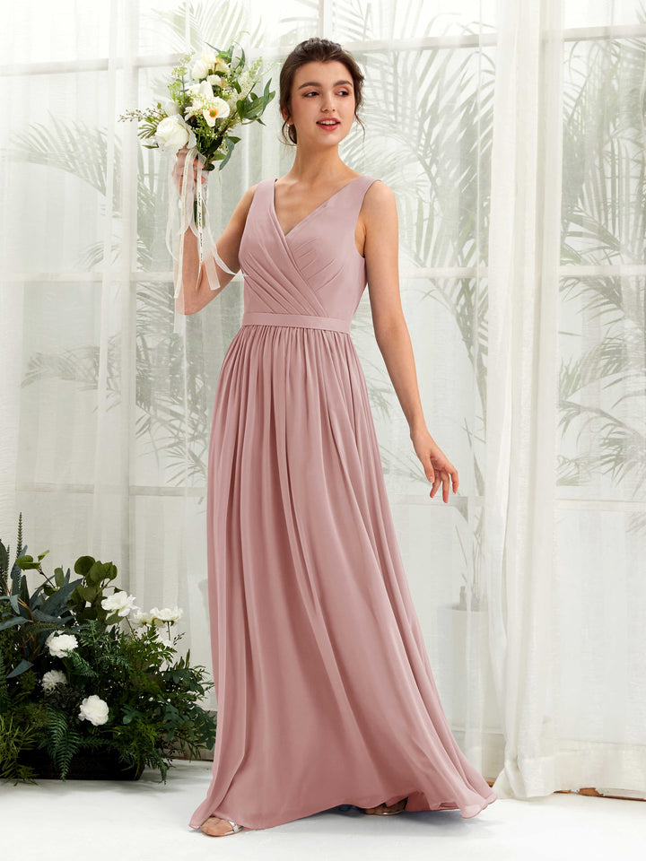 Carlyna Vestido línea A escote en V hasta el suelo fruncido dama de honor Rosa Polvorienta 