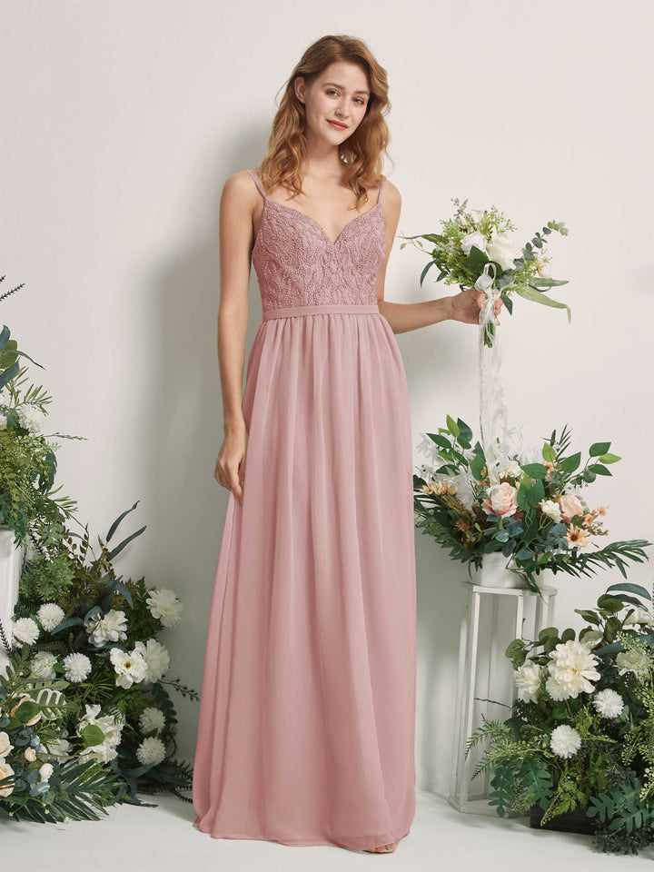 Carlyna Vestido Línea A Escote en V Hasta el suelo Fruncido Dama de honor Rosa Polvorienta 