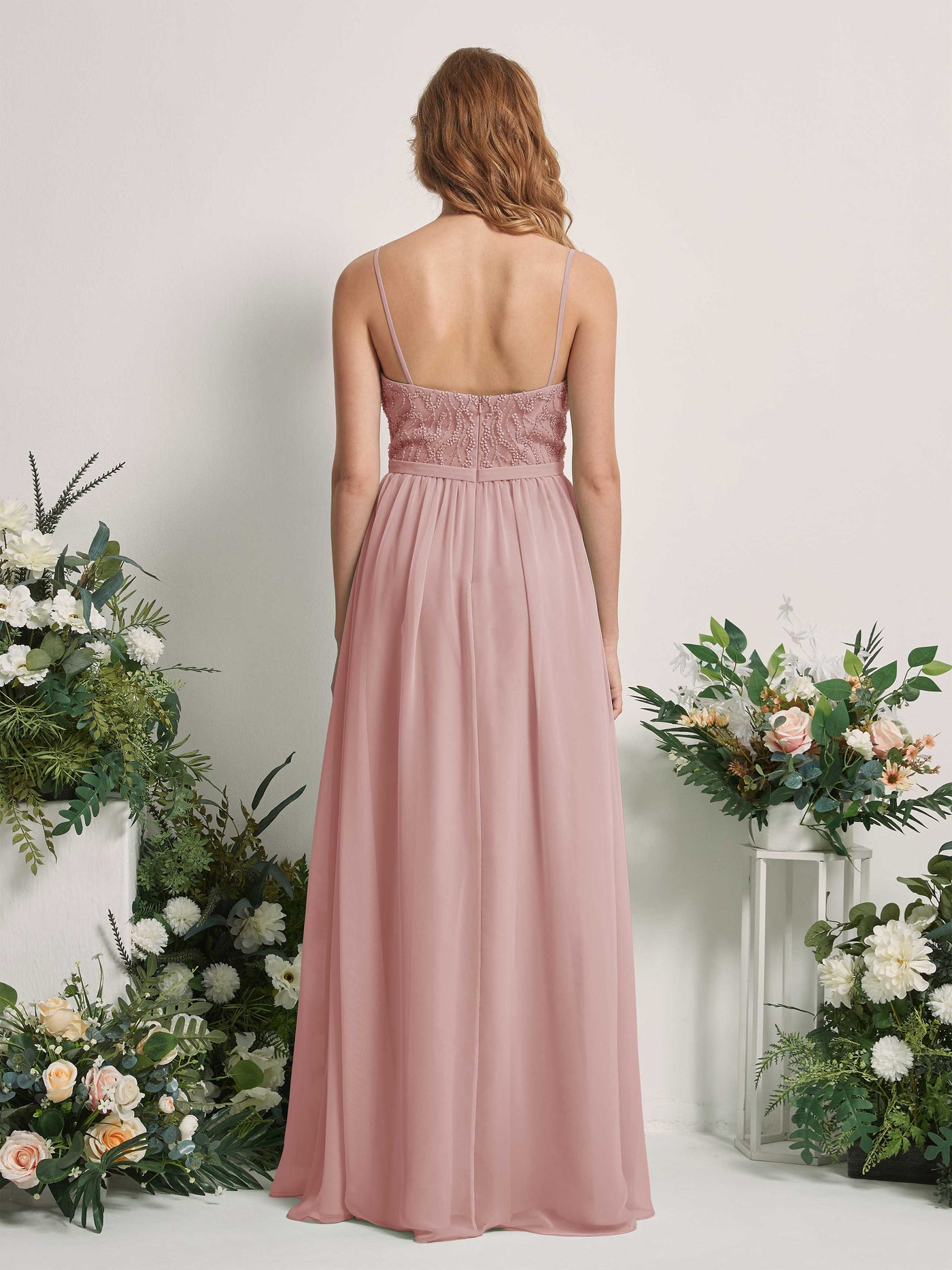 Carlyna Vestido Línea A Escote en V Hasta el suelo Fruncido Dama de honor Rosa Polvorienta #color_rosa-polvorienta