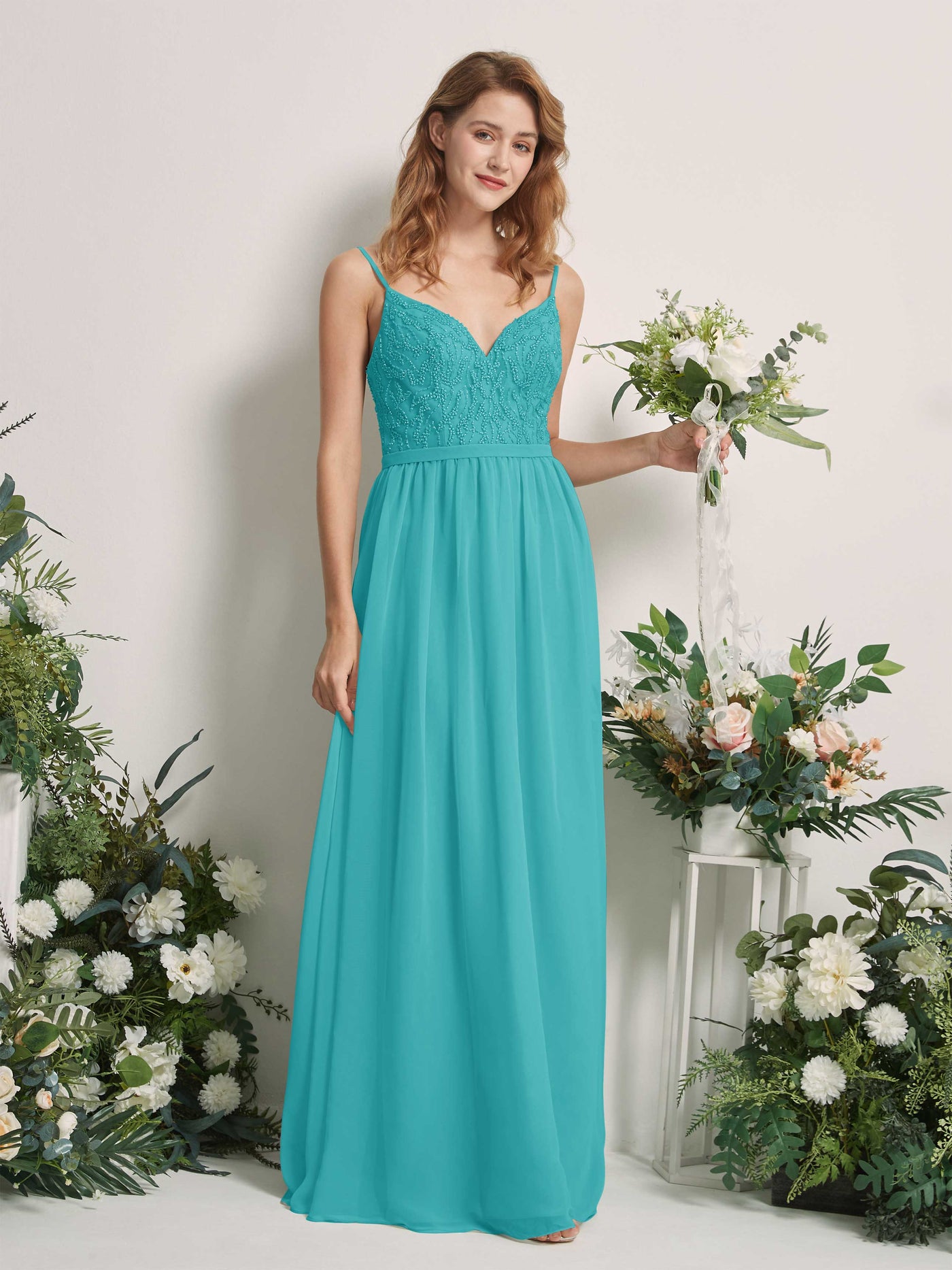 Carlyna Vestido Línea A Escote en V Hasta el suelo Fruncido Dama de honor Turquesa #color_turquesa