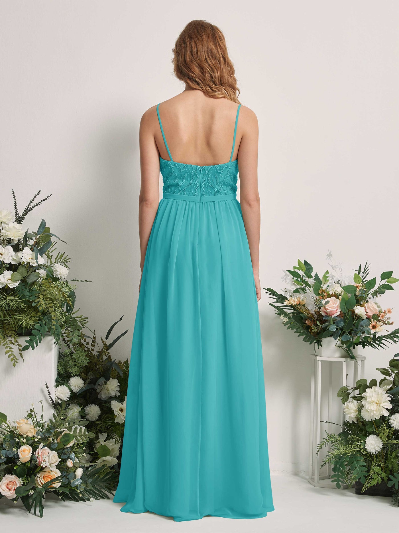 Carlyna Vestido Línea A Escote en V Hasta el suelo Fruncido Dama de honor Turquesa #color_turquesa