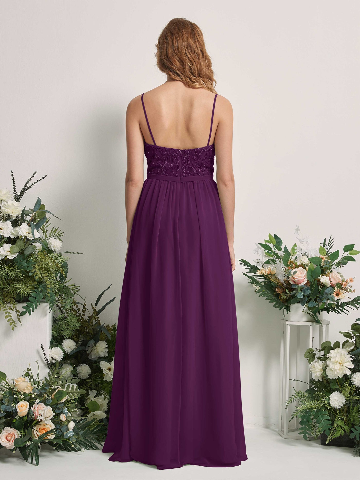 Carlyna Vestido Línea A Escote en V Hasta el suelo Fruncido Dama de honor Uva #color_uva