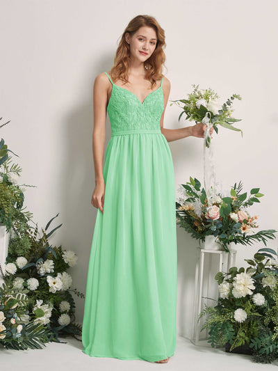 Carlyna Vestido Línea A Escote en V Hasta el suelo Fruncido Dama de honor Verde Menta #color_verde-menta