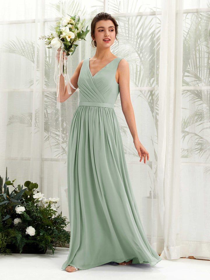 Carlyna Vestido línea A escote en V hasta el suelo fruncido dama de honor Verde Salvia 