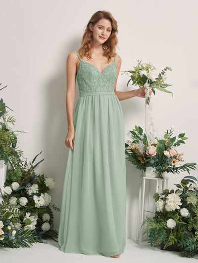 Carlyna Vestido Línea A Escote en V Hasta el suelo Fruncido Dama de honor Verde Salvia #color_verde-salvia