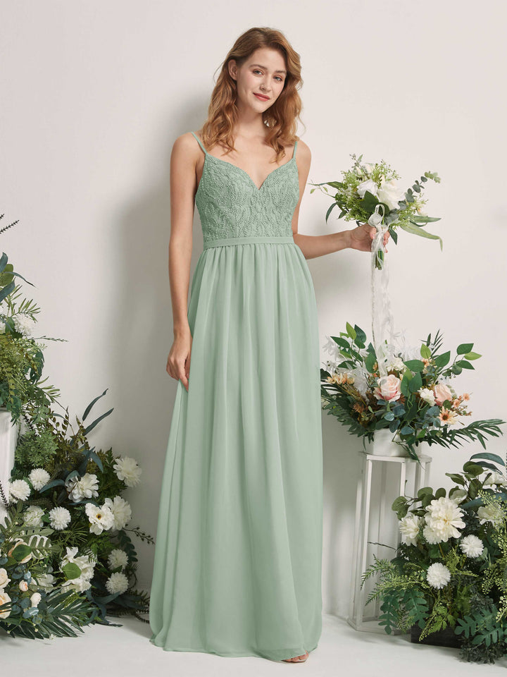 Carlyna Vestido Línea A Escote en V Hasta el suelo Fruncido Dama de honor Verde Salvia 