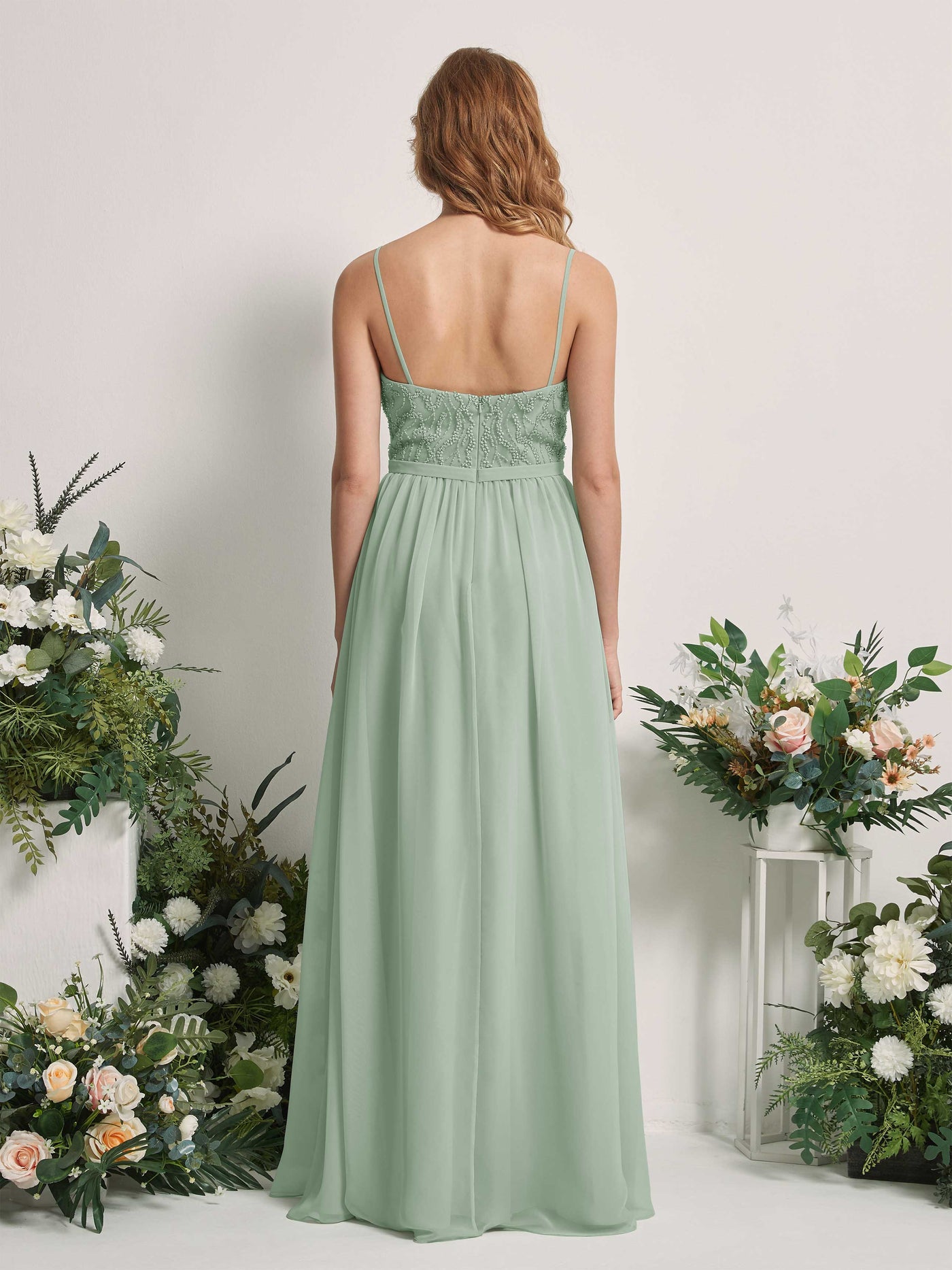 Carlyna Vestido Línea A Escote en V Hasta el suelo Fruncido Dama de honor Verde Salvia #color_verde-salvia