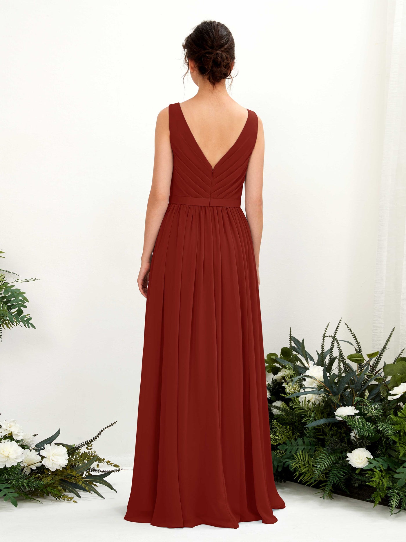 Carlyna Vestido línea A escote en V hasta el suelo fruncido dama de honor Óxido #color_xido