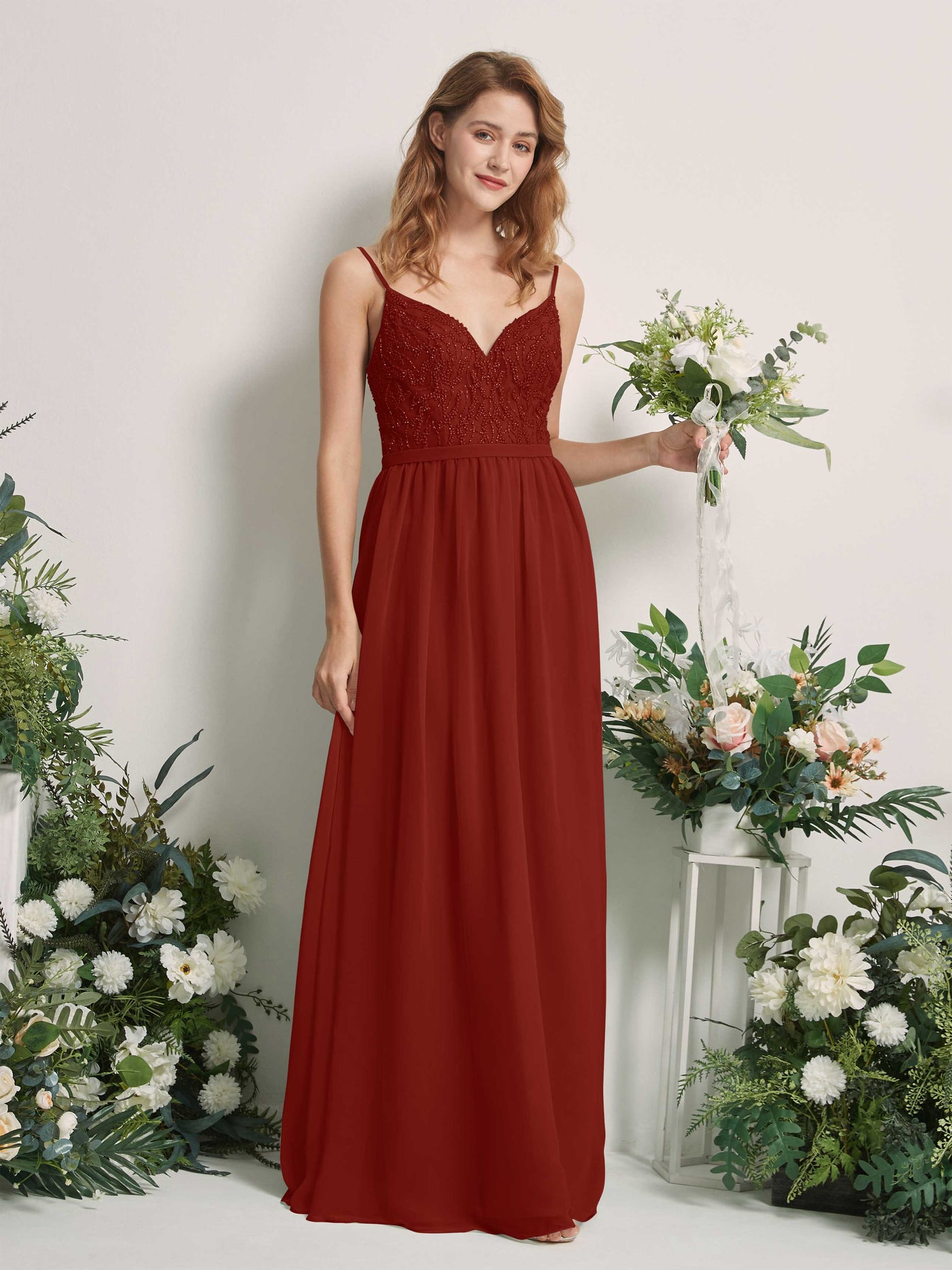 Carlyna Vestido Línea A Escote en V Hasta el suelo Fruncido Dama de honor Óxido #color_xido