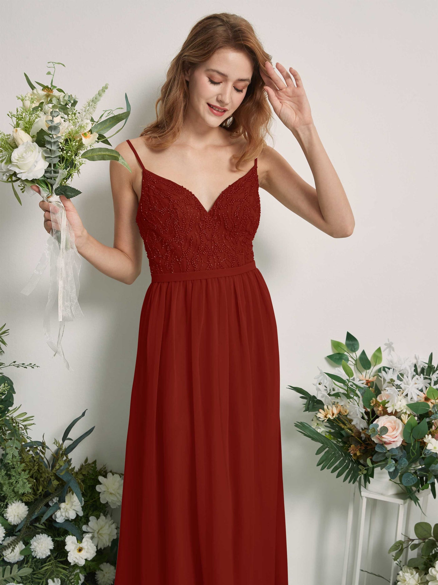 Carlyna Vestido Línea A Escote en V Hasta el suelo Fruncido Dama de honor Óxido #color_xido