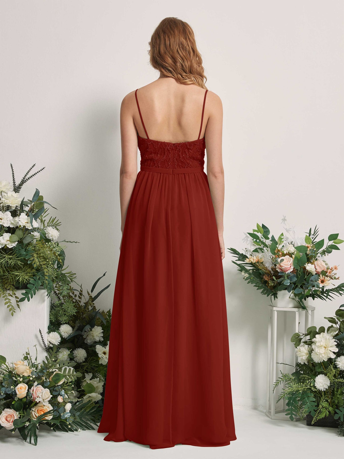 Carlyna Vestido Línea A Escote en V Hasta el suelo Fruncido Dama de honor Óxido #color_xido