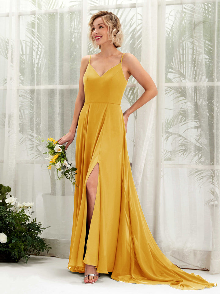 Carlyna Vestido línea A escote en V hasta el suelo gasa dama de honor Amarillo Mostaza 