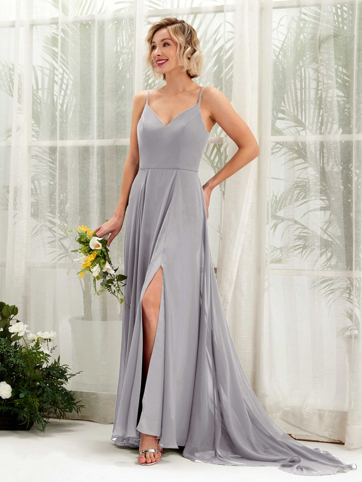 Carlyna Vestido línea A escote en V hasta el suelo gasa dama de honor Gris Paloma 
