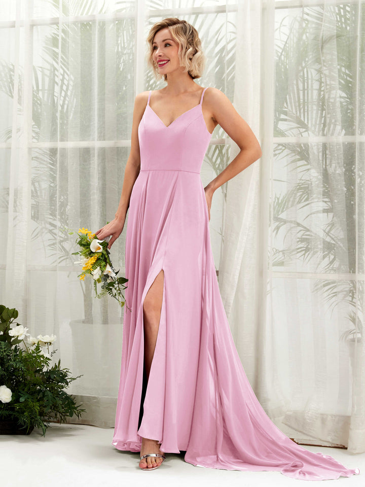 Carlyna Vestido línea A escote en V hasta el suelo gasa dama de honor Rosa Caramelo 