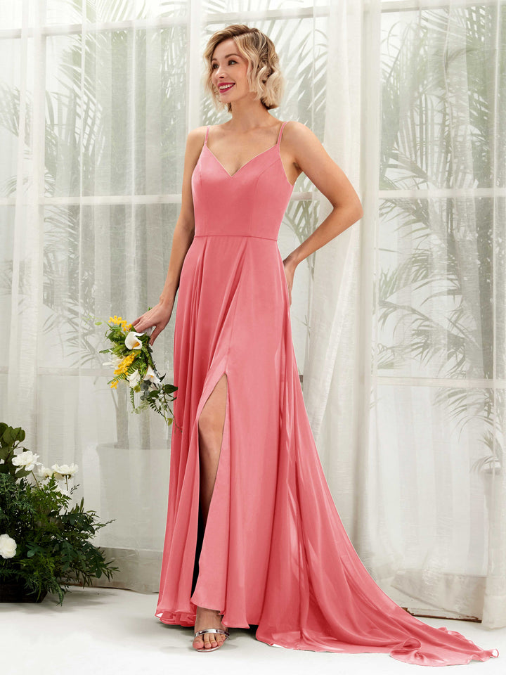 Carlyna Vestido línea A escote en V hasta el suelo gasa dama de honor Rosa Coral 