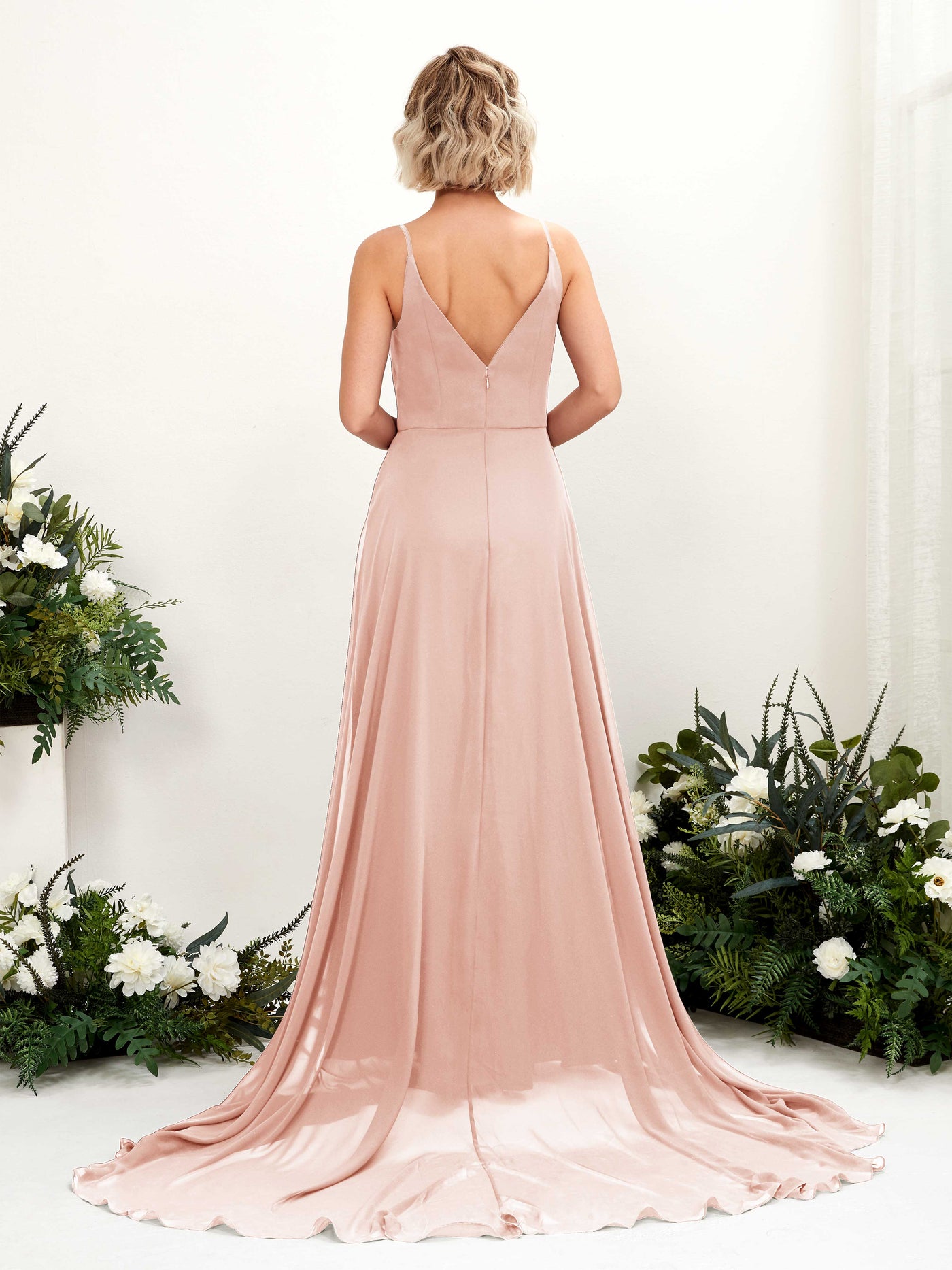 Carlyna Vestido línea A escote en V hasta el suelo gasa dama de honor Rosa Perla #color_rosa-perla