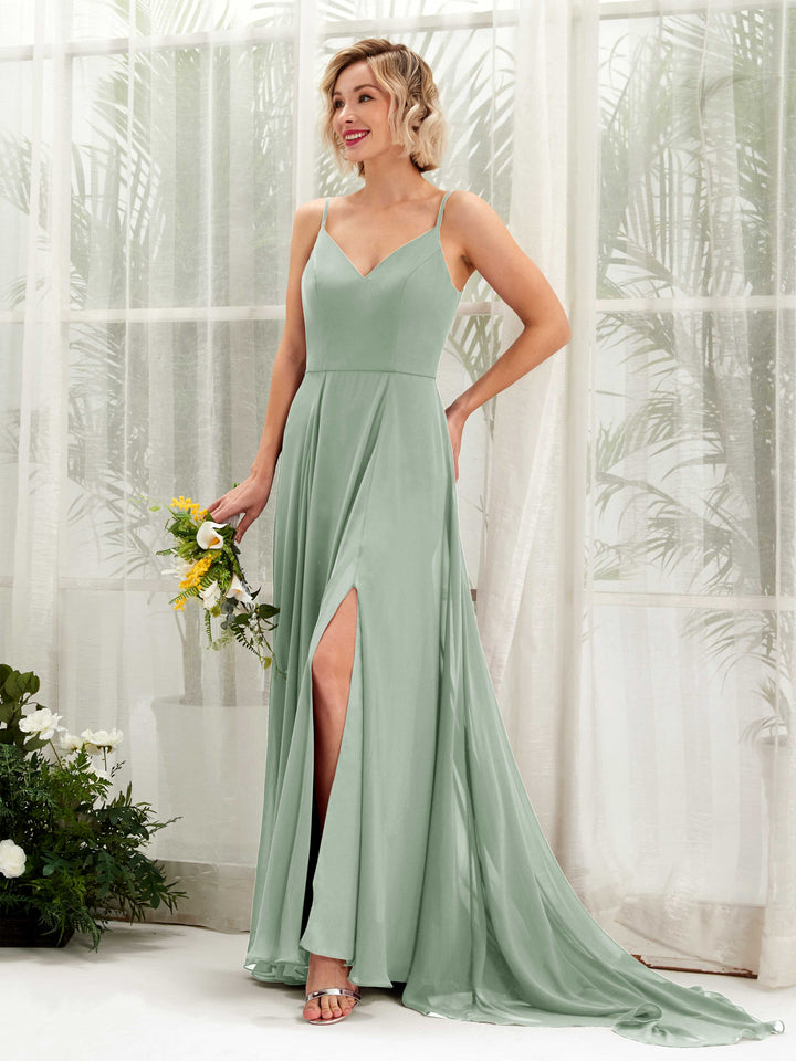 Carlyna Vestido línea A escote en V hasta el suelo gasa dama de honor Verde Salvia 