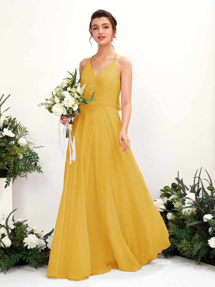 Carlyna Vestido Línea A Escote en V Hasta el suelo Hendidura de pierna Dama de honor Amarillo Mostaza 