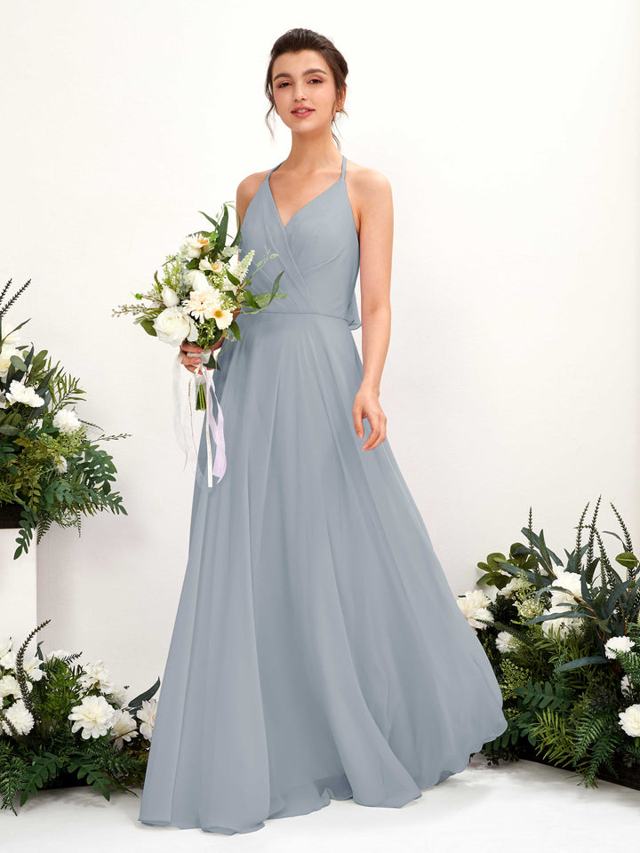 Carlyna Vestido Línea A Escote en V Hasta el suelo Hendidura de pierna Dama de honor Azul Empolvado Mejorado 