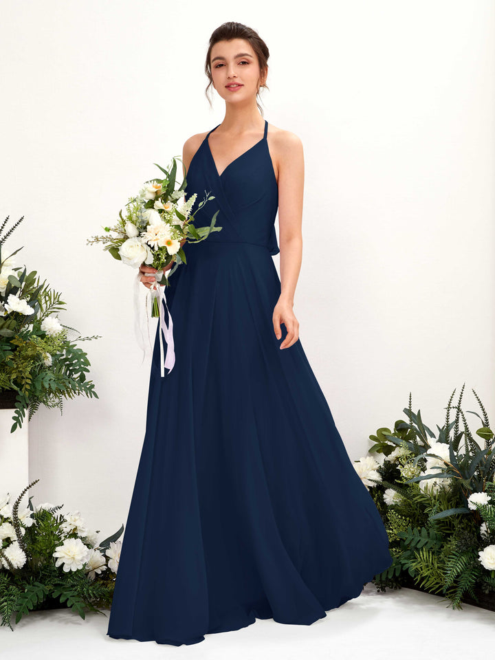 Carlyna Vestido Línea A Escote en V Hasta el suelo Hendidura de pierna Dama de honor Azul Marino 