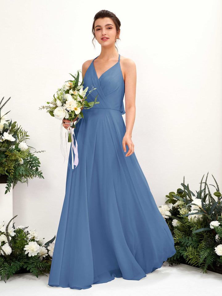 Carlyna Vestido Línea A Escote en V Hasta el suelo Hendidura de pierna Dama de honor Azul polvoriento 