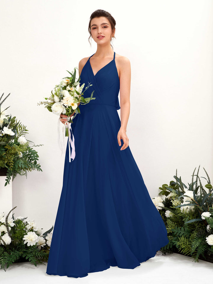 Carlyna Vestido Línea A Escote en V Hasta el suelo Hendidura de pierna Dama de honor Azul Real 