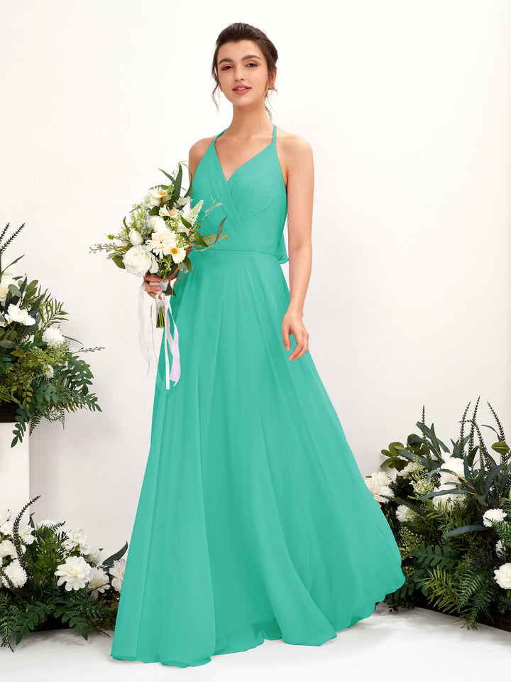 Carlyna Vestido Línea A Escote en V Hasta el suelo Hendidura de pierna Dama de honor Azul Tiffany 