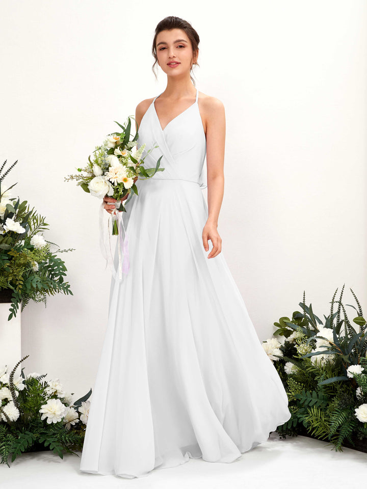 Carlyna Vestido Línea A Escote en V Hasta el suelo Hendidura de pierna Dama de honor Blanco 