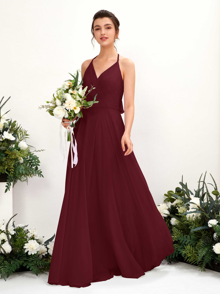 Carlyna Vestido Línea A Escote en V Hasta el suelo Hendidura de pierna Dama de honor Borgoña 