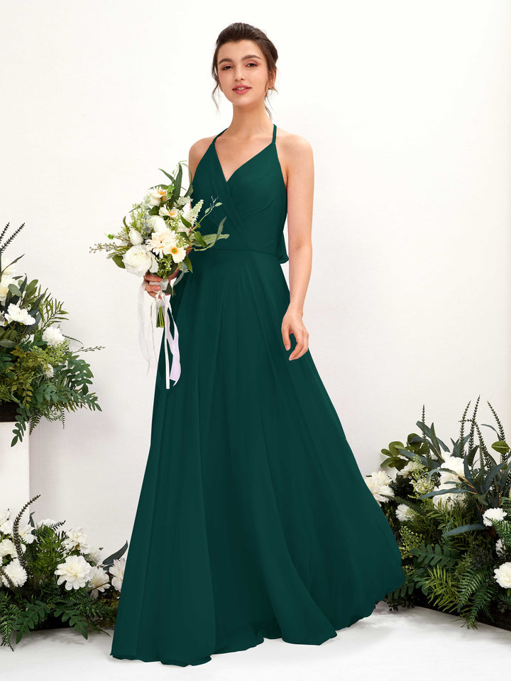 Carlyna Vestido Línea A Escote en V Hasta el suelo Hendidura de pierna Dama de honor Esmeralda Oscuro 