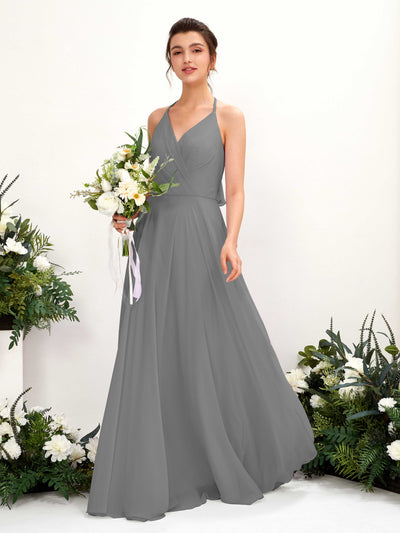 Carlyna Vestido Línea A Escote en V Hasta el suelo Hendidura de pierna Dama de honor Gris Acero #color_gris-acero