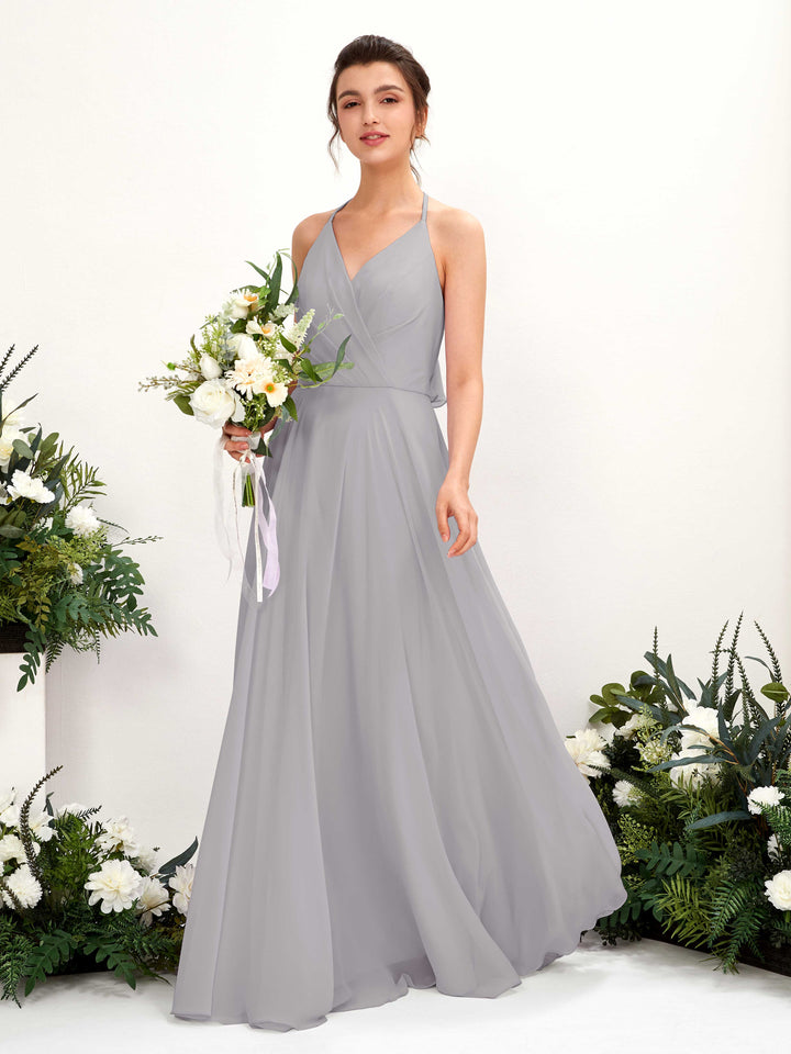 Carlyna Vestido Línea A Escote en V Hasta el suelo Hendidura de pierna Dama de honor Gris Paloma 