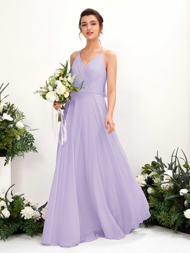 Carlyna Vestido Línea A Escote en V Hasta el suelo Hendidura de pierna Dama de honor Lila 