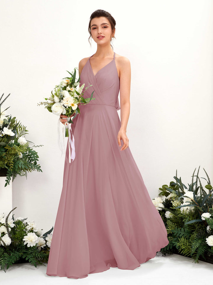 Carlyna Vestido Línea A Escote en V Hasta el suelo Hendidura de pierna Dama de honor Malva Clásico 