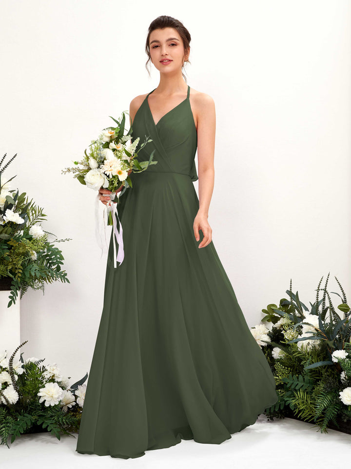 Carlyna Vestido Línea A Escote en V Hasta el suelo Hendidura de pierna Dama de honor Oliva Martini 