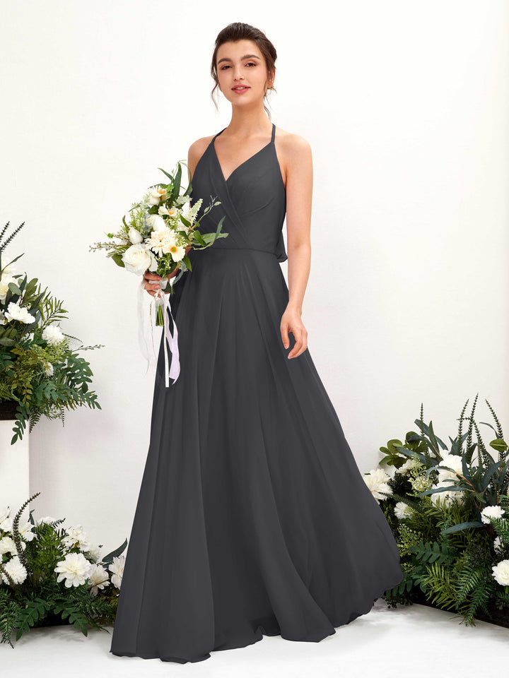 Carlyna Vestido Línea A Escote en V Hasta el suelo Hendidura de pierna Dama de honor Peltre 