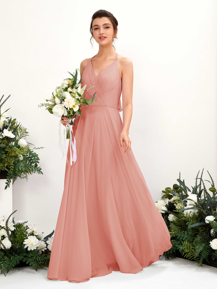 Carlyna Vestido Línea A Escote en V Hasta el suelo Hendidura de pierna Dama de honor Rosa Champán 