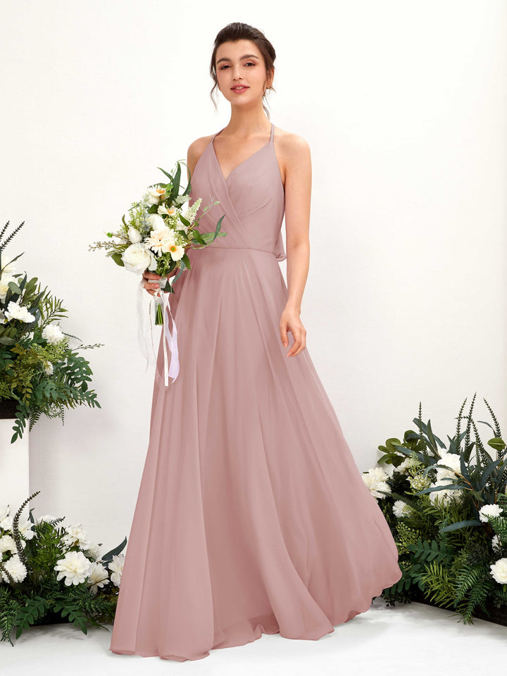 Carlyna Vestido Línea A Escote en V Hasta el suelo Hendidura de pierna Dama de honor Rosa Polvorienta 