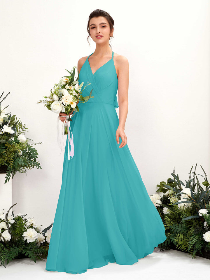 Carlyna Vestido Línea A Escote en V Hasta el suelo Hendidura de pierna Dama de honor Turquesa 