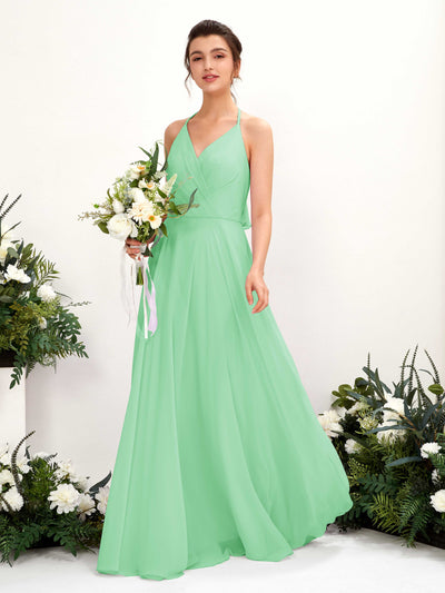 Carlyna Vestido Línea A Escote en V Hasta el suelo Hendidura de pierna Dama de honor Verde Menta #color_verde-menta