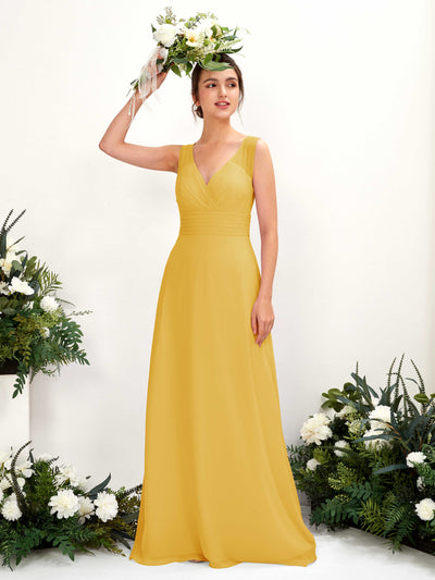 Carlyna Vestido línea A escote en V hasta el suelo vestido de dama de honor Amarillo Mostaza #color_amarillo-mostaza