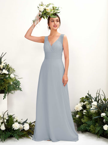 Carlyna Vestido línea A escote en V hasta el suelo vestido de dama de honor Azul Empolvado Mejorado #color_azul-empolvado-mejorado
