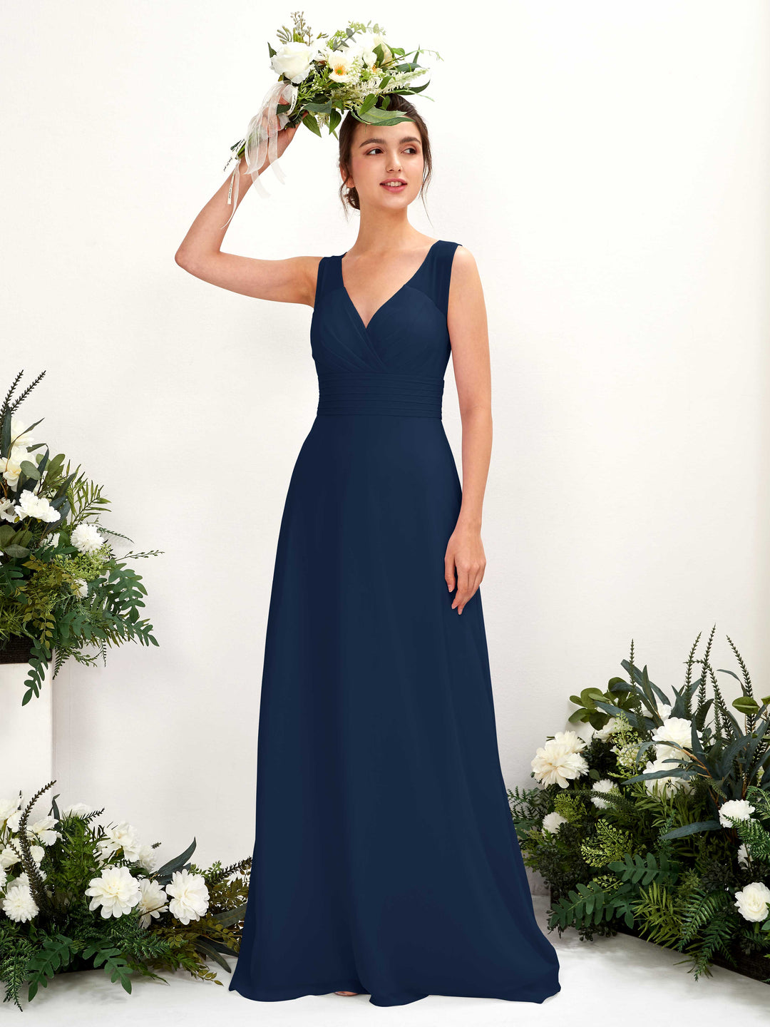 Carlyna Vestido línea A escote en V hasta el suelo vestido de dama de honor Azul Marino 