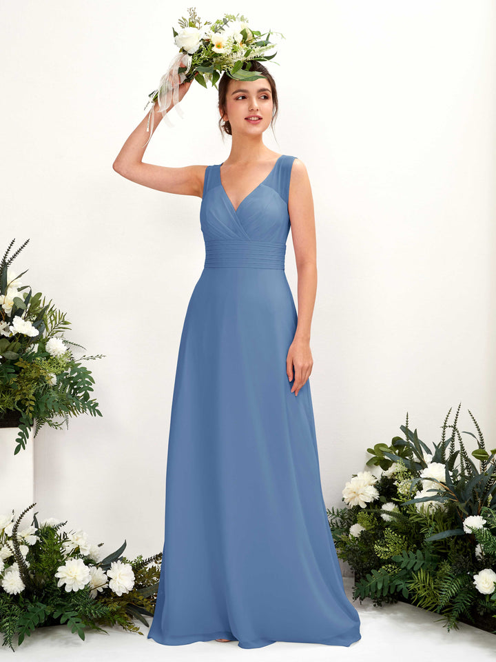 Carlyna Vestido línea A escote en V hasta el suelo vestido de dama de honor Azul polvoriento 