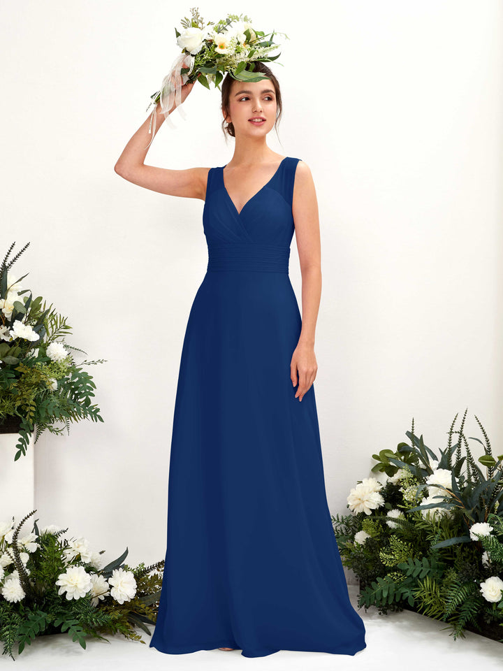 Carlyna Vestido línea A escote en V hasta el suelo vestido de dama de honor Azul Real 