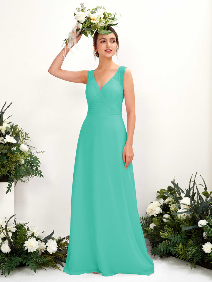 Carlyna Vestido línea A escote en V hasta el suelo vestido de dama de honor Azul Tiffany 