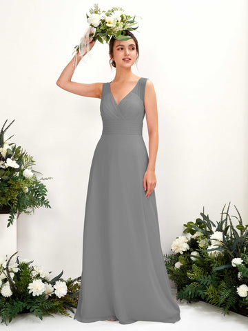 Carlyna Vestido línea A escote en V hasta el suelo vestido de dama de honor Gris Acero #color_gris-acero